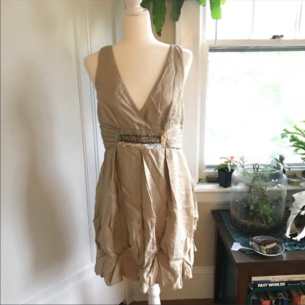 BCBG gold pleated dress with beautiful v-back